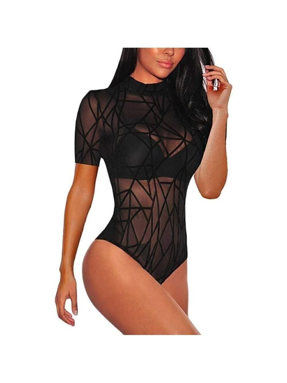 𝅺SHEER Mesh Turtleneck See Through Leotard Bodysuit Body Top Stretchy Sexy NWT